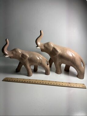 Vintage stoneware Ceramic Elephant Pair - Neutral Beige  beige stoneware